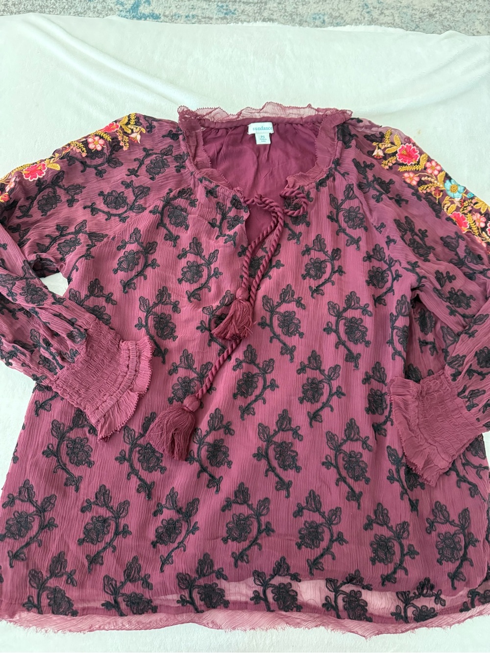 Sundance Catalog Maroon Red Embroidered “Gemma Elegance Top” Size PS D75
